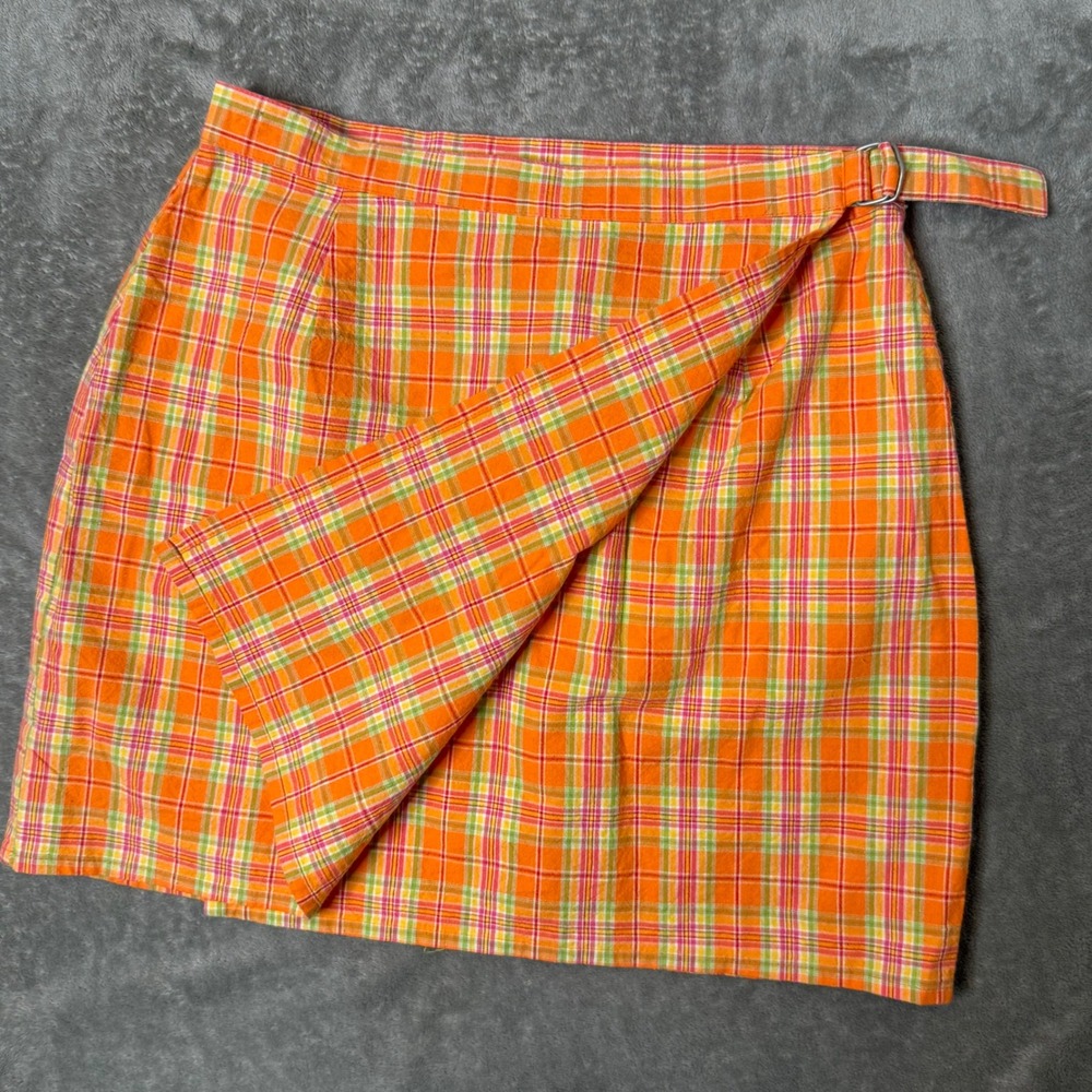 Vintage Y2K Old Navy Plaid Wrap Mini Skirt Orange Clueless Size 8 Tennis Prep
